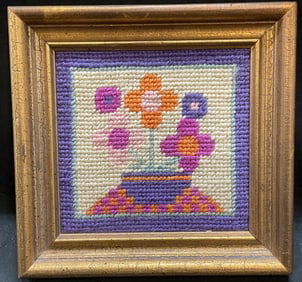 Signed Nadya Handmade Needlepoint Flower Panel