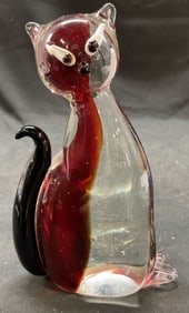 MCM MURANO Art Glass Red Clear Cat Figural Italy