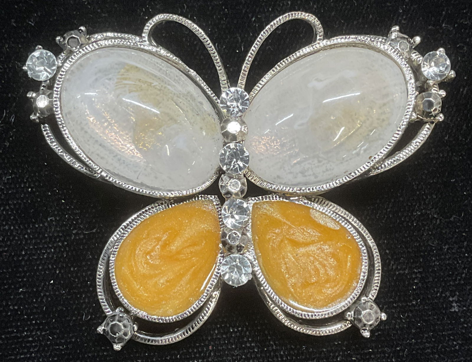 Vintage Butterfly Enamel Crystal Brooch: Vintage silver tone butterfly motif brooch with lucite cabochons, enamel, and crystal decoration. 2 x 2.5 inches. Some scratching observed. Jewelry, estate jewelry, costume jewelry, fashion jewelry, a