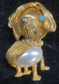 Vintage Gold Tone Faux Pearl Dog Brooch
