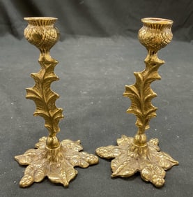 Set 2 Vtg Brass Scottish Thistle Candleholders