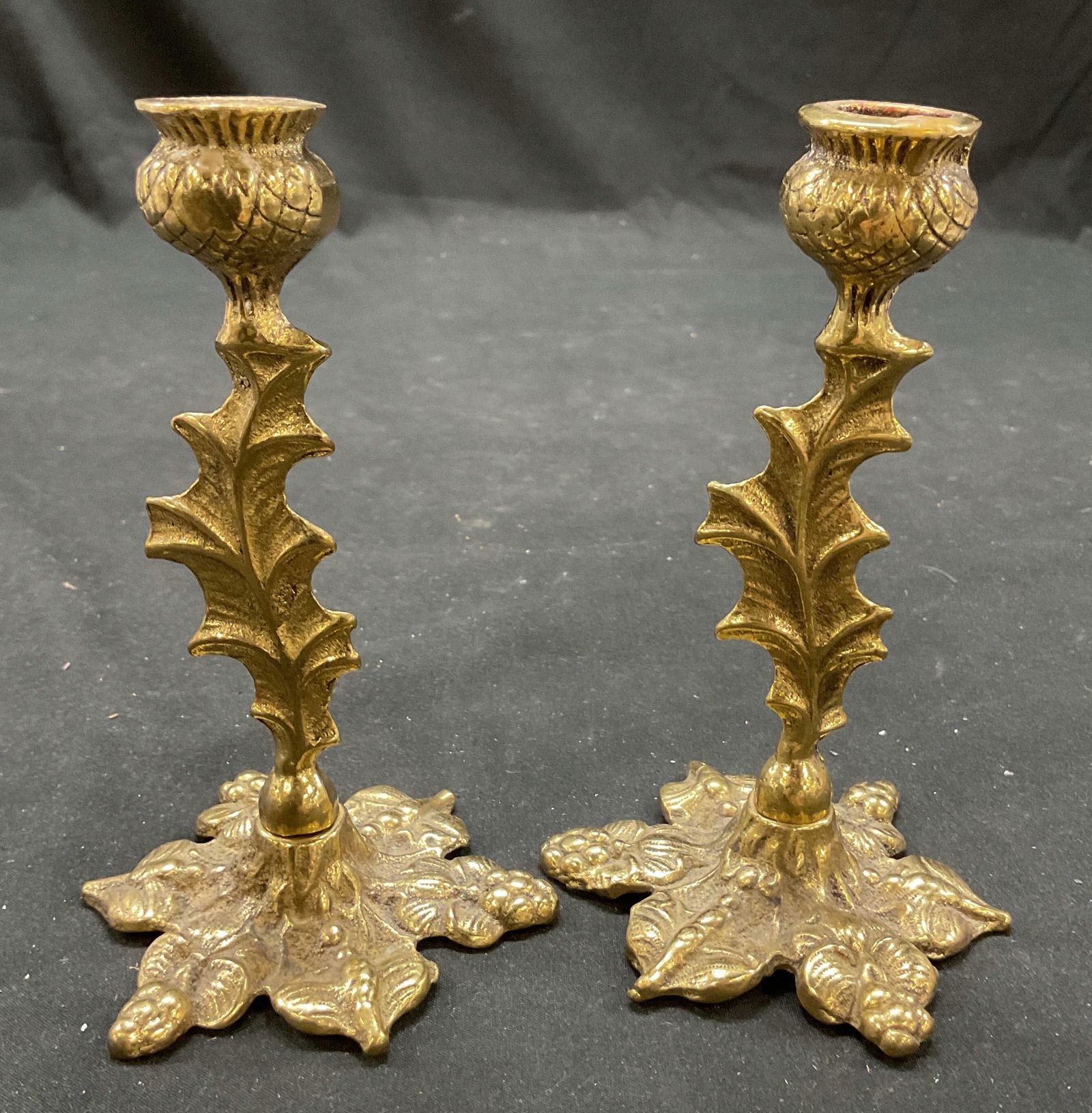 Set 2 Vtg Brass Scottish Thistle Candleholders (1 of 8)