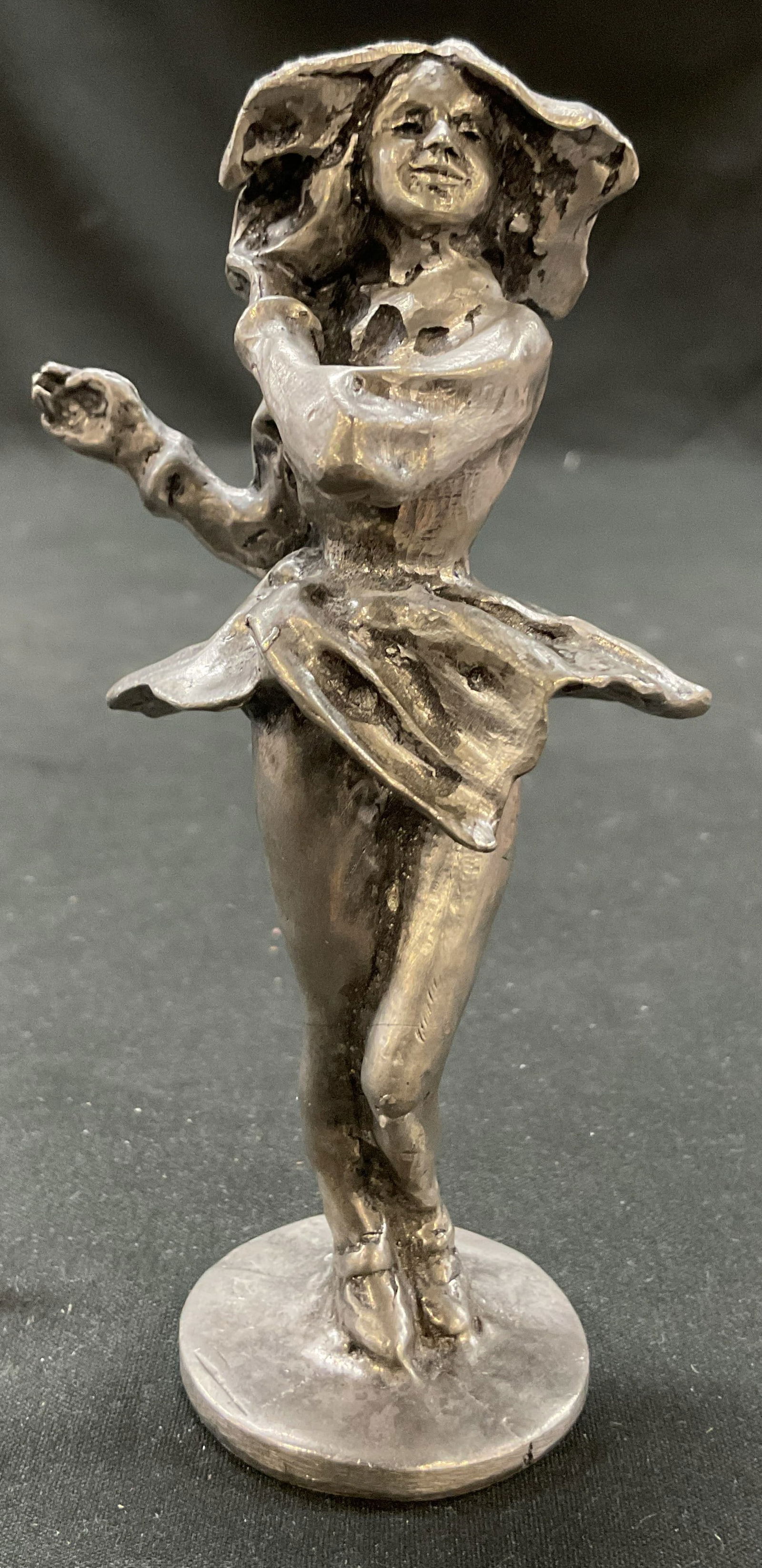 Vtg Hand Made Pewter Woman Standing Figural 12-99: Vintage hand made pewter woman standing figurine. Hand carved pewter figurine of a standing woman with flowing dress and hair. Pam, 12-99, carved on underside. Measures 4.5 x 2 x 1.25 inches. Some dis