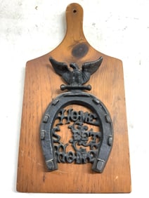 Antq Cast Iron Horseshoe On Wood Wall Hanging