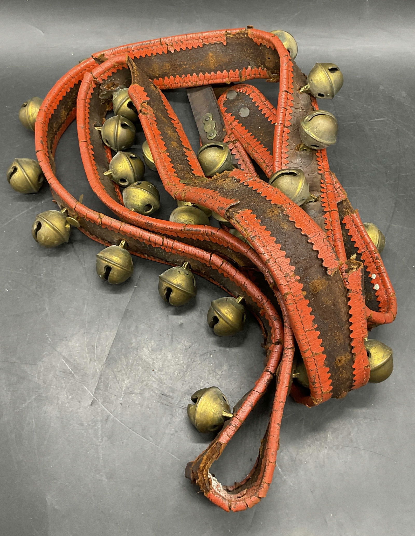 Vintage Gilded Metal & Leather Sleigh Bell Strap (1 of 8)