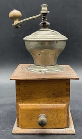 Vintage Wood & Metal Hand Crank Coffee Grinder