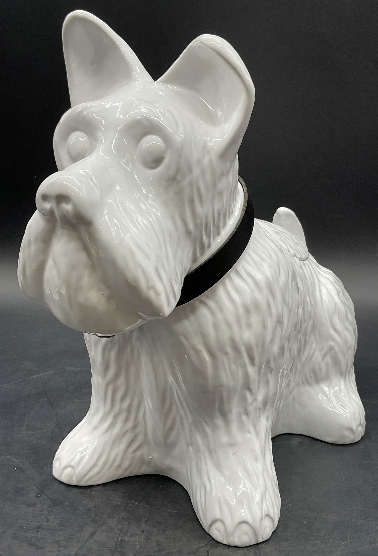 Alcobaca Vntg Ceramic Scotty Dog Jar Portugal: COBAC Vintage White Ceramic Scotty Dog Lidded Jar. Underside is partially legible, appears to be partial hallmark for Alcobaca Made in Portugal. Measures approx. 10.5H x 10.5W in. Measured at widest p