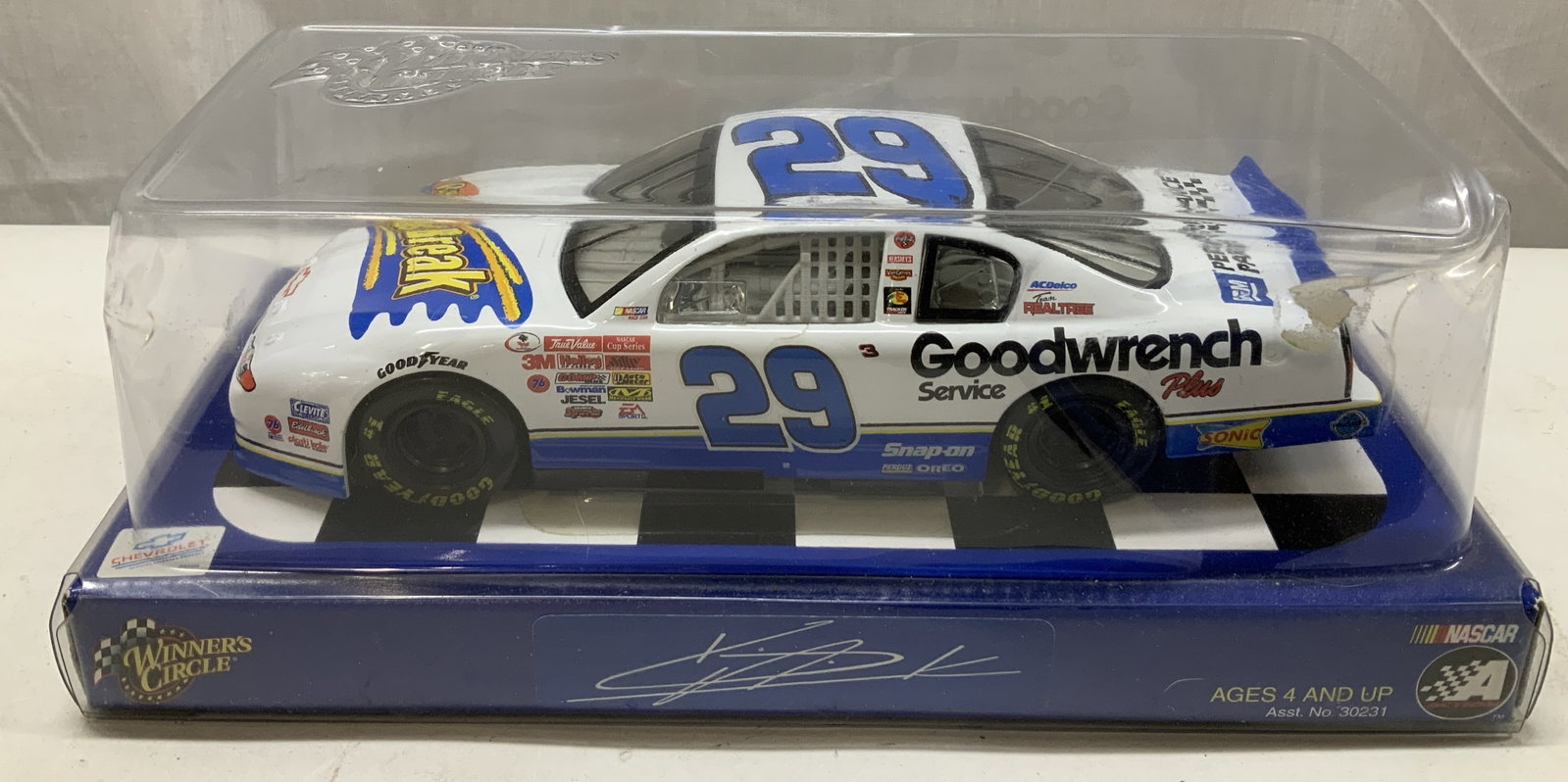 2001 NASCAR Kevin Harvick Die-Cast Metal Car NIB: 2001 NASCAR Kevin Harvick Die-Cast Metal Car NIB Winners circle die-cast replica of Kevin Harvick #29 NASCAR race car, featuring the Resses Fast Break sponsorship. Car features various logos, includin