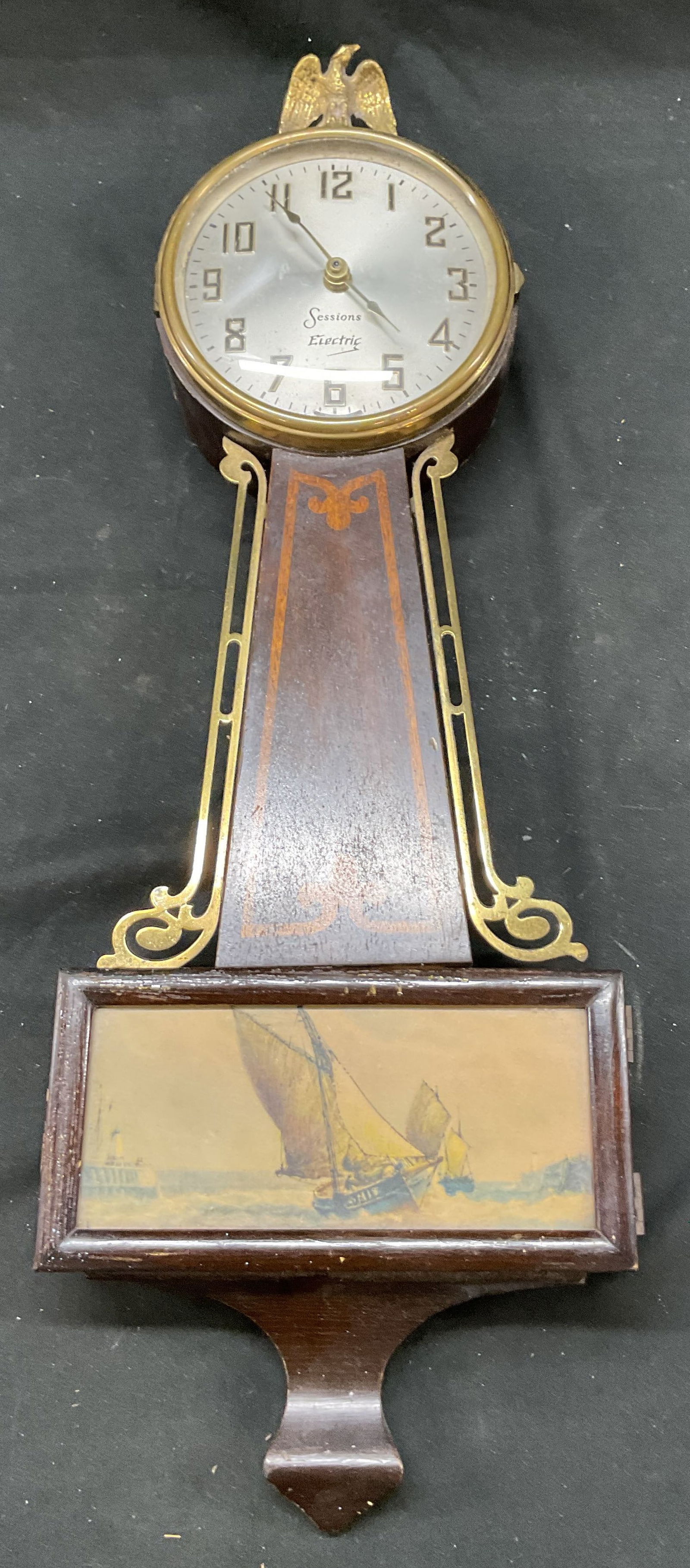 Vtg SESSIONS Wood Brass Plate Banjo Wall Clock USA (1 of 11)