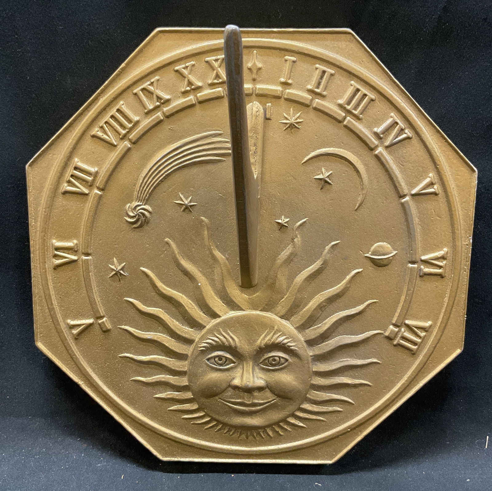 Vtg Octagonal Gold Toned Metal Sundial Smiling Sun (1 of 8)