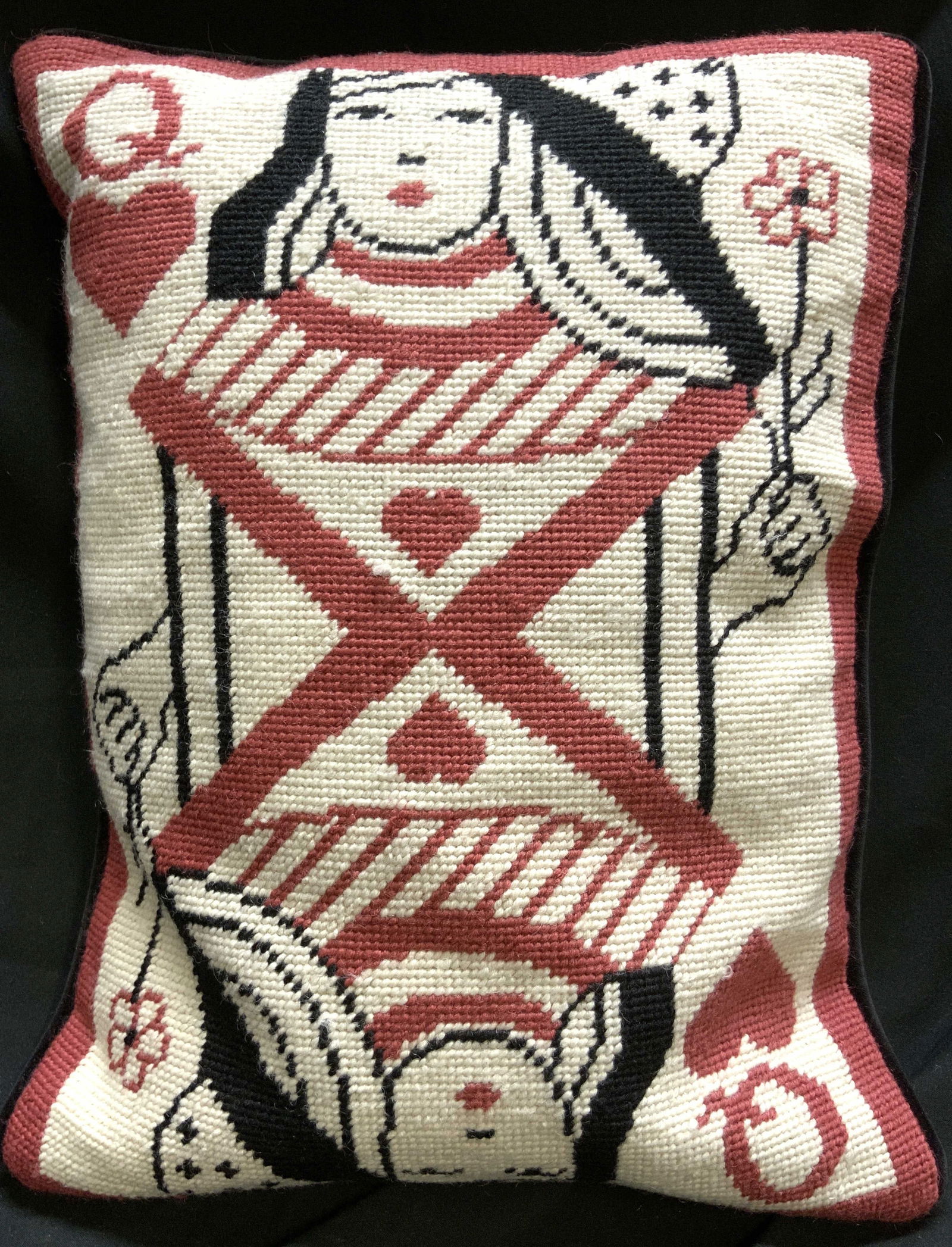 Vtg Queen Of Hearts PlayingCard Needlepoint Pillow (1 of 7)