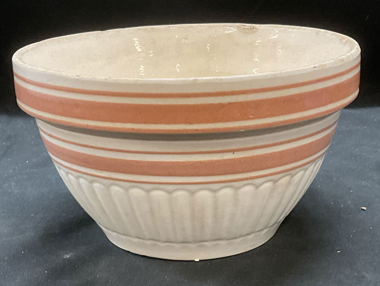Antique Pink & White Banded Ceramic Mixing Bowl (1 of 6)