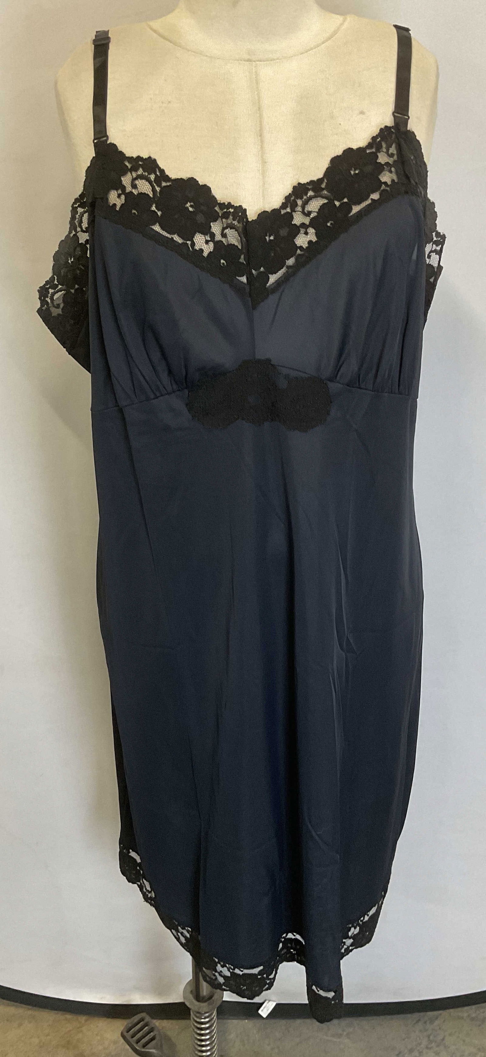 Vtg Nancy King Lingerie Blue Lace Slip Dress USA: Vintage Nancy King Lingerie blue slip dress with black lace trim. Size 46. All nylon. Made in USA. Some wear to material consistent with exposure. Nancy king lingerie, Nancy king slip dress, designer