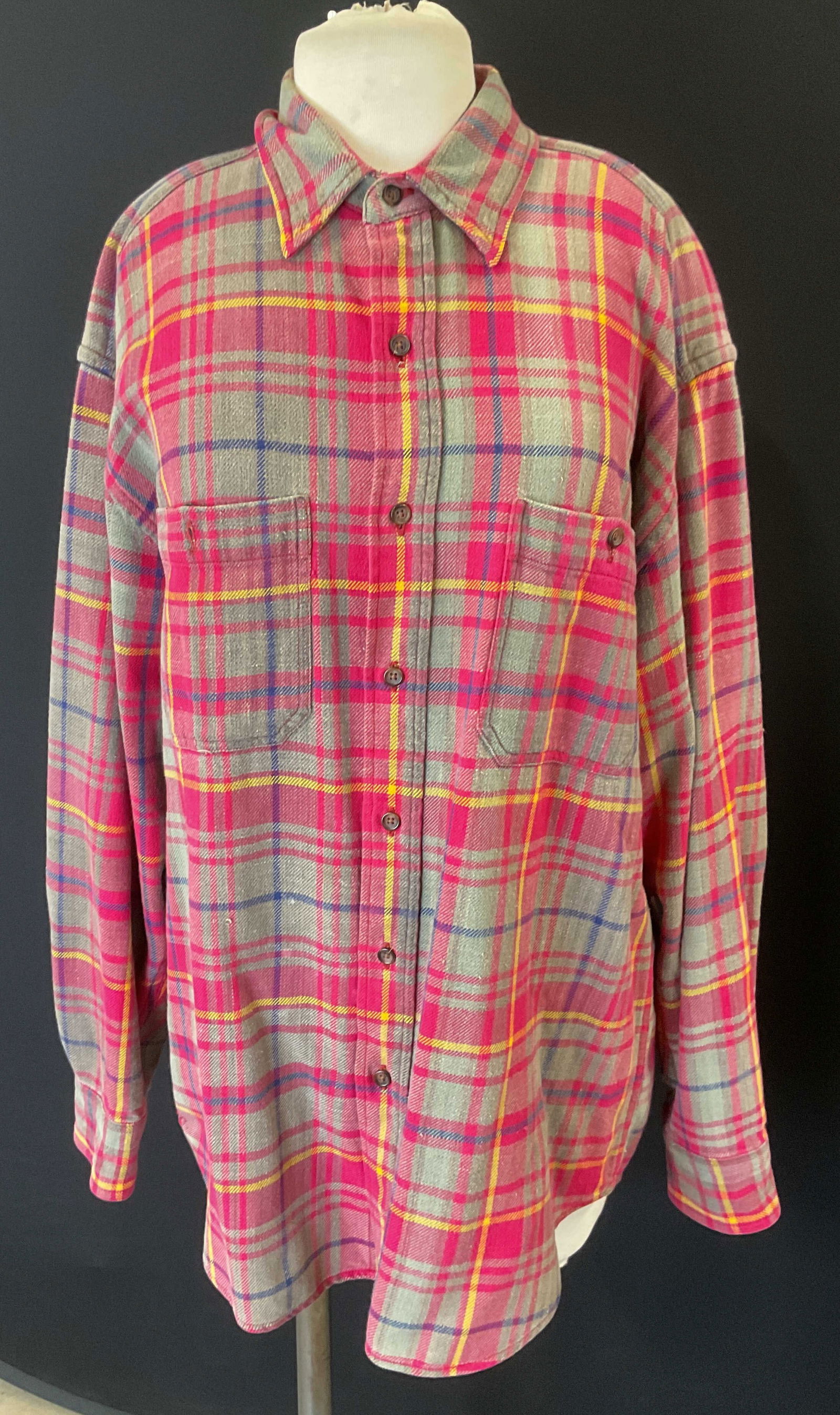 Pink & Beige Plaid Flannel Button Up Shirt (1 of 6)