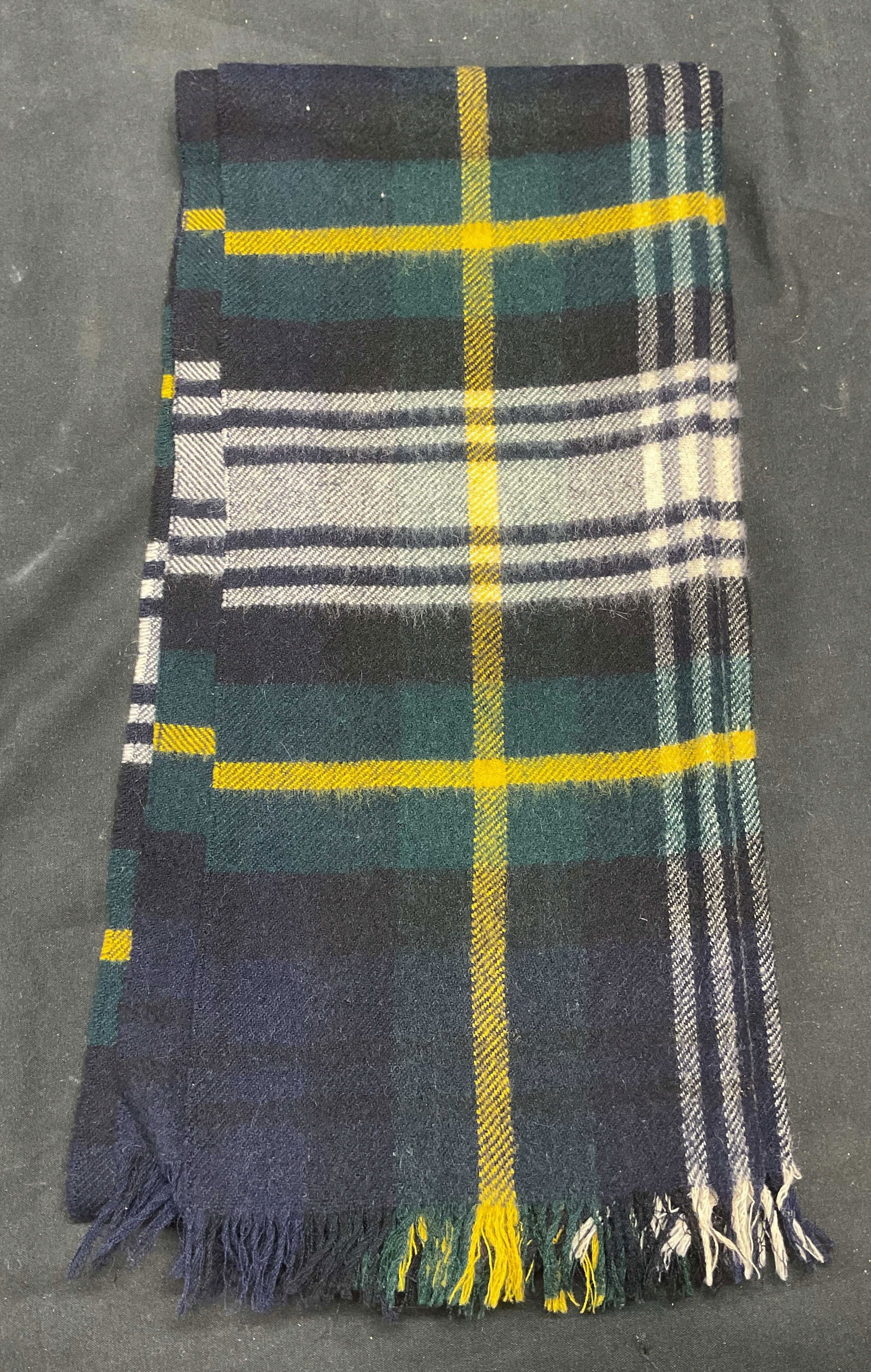 Dress Gordon Plaid Cashmere Scarf Scotland: Dress Gordon blue and green plaid cashmere and wool blend scarf. Made in Scotland. Measures approx 52 inches long. Some tearing. Dress Gordon scarf, designer scarf, designer fashion, cashmere scarf, w