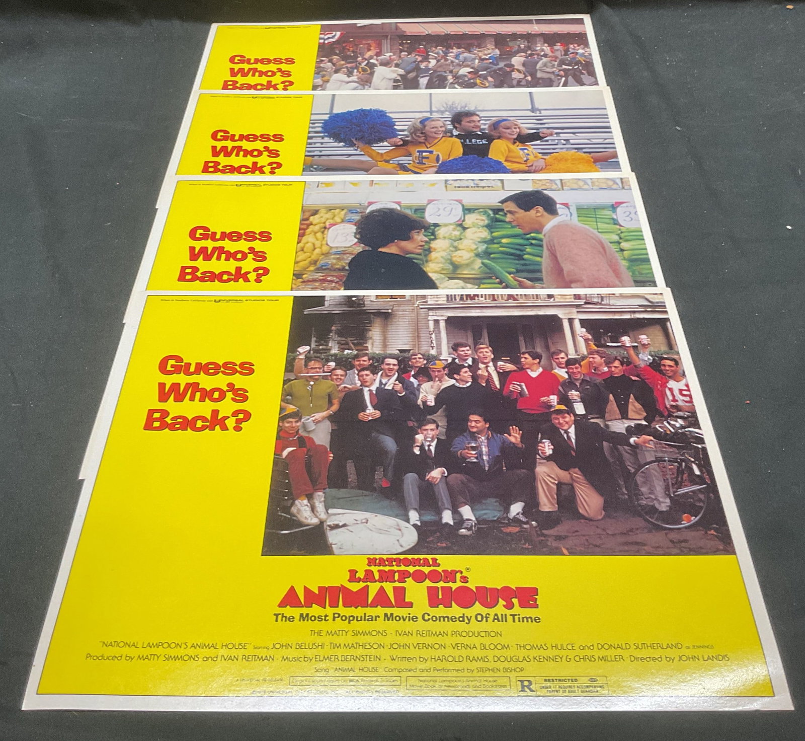 Lot 4 Animal House Lobby Card Posters 1978: Lot of 4 1978 National Lampoons Animal House lobby card posters. Starring John Belushi. Directed by John Landis. Measure approx 11 x 14 inches. Some wear to all consistent with exposure. Lobby cards, 