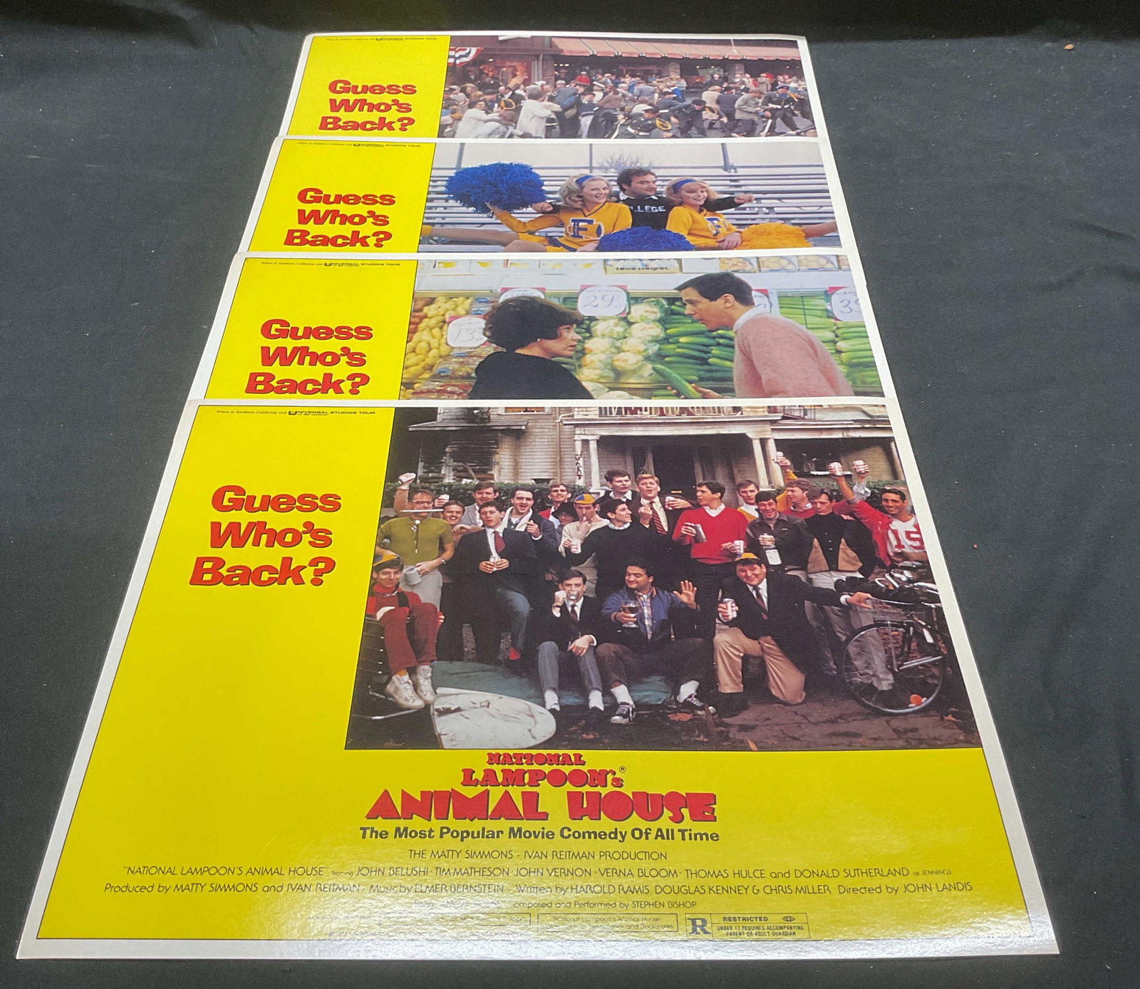 Lot 4 Animal House Lobby Card Posters 1978: Lot of 4 1978 National Lampoons Animal House lobby card posters. Starring John Belushi. Directed by John Landis. Measure approx 11 x 14 inches. Some wear to all consistent with exposure. Lobby cards, 