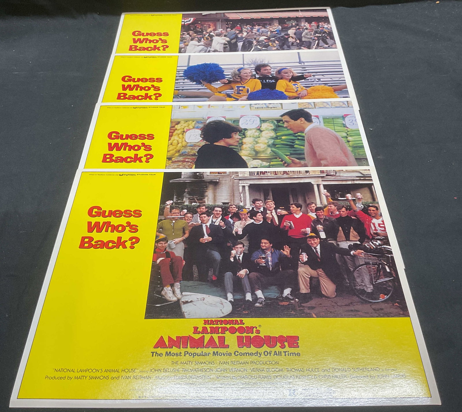 Lot 4 Animal House Lobby Card Posters 1978: Lot of 4 1978 National Lampoons Animal House lobby card posters. Starring John Belushi. Directed by John Landis. Measure approx 11 x 14 inches. Some wear to all consistent with exposure. Lobby cards, 