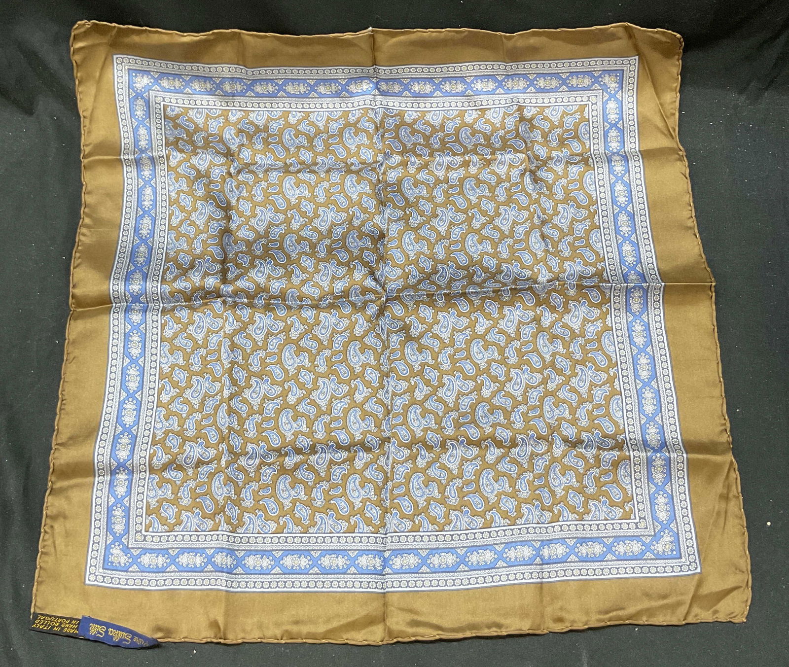 Vtg Pure SULKA Silk Paisley Bandanna Scarf Italy: Vintage pure SULKA silk paisley bandanna scarf. Brown and blue Paisley floral pattern designs. Made in Italy. Hand rolled in Portugal. 19 inches. Some surface wear consistent with exposure. Bandanna,