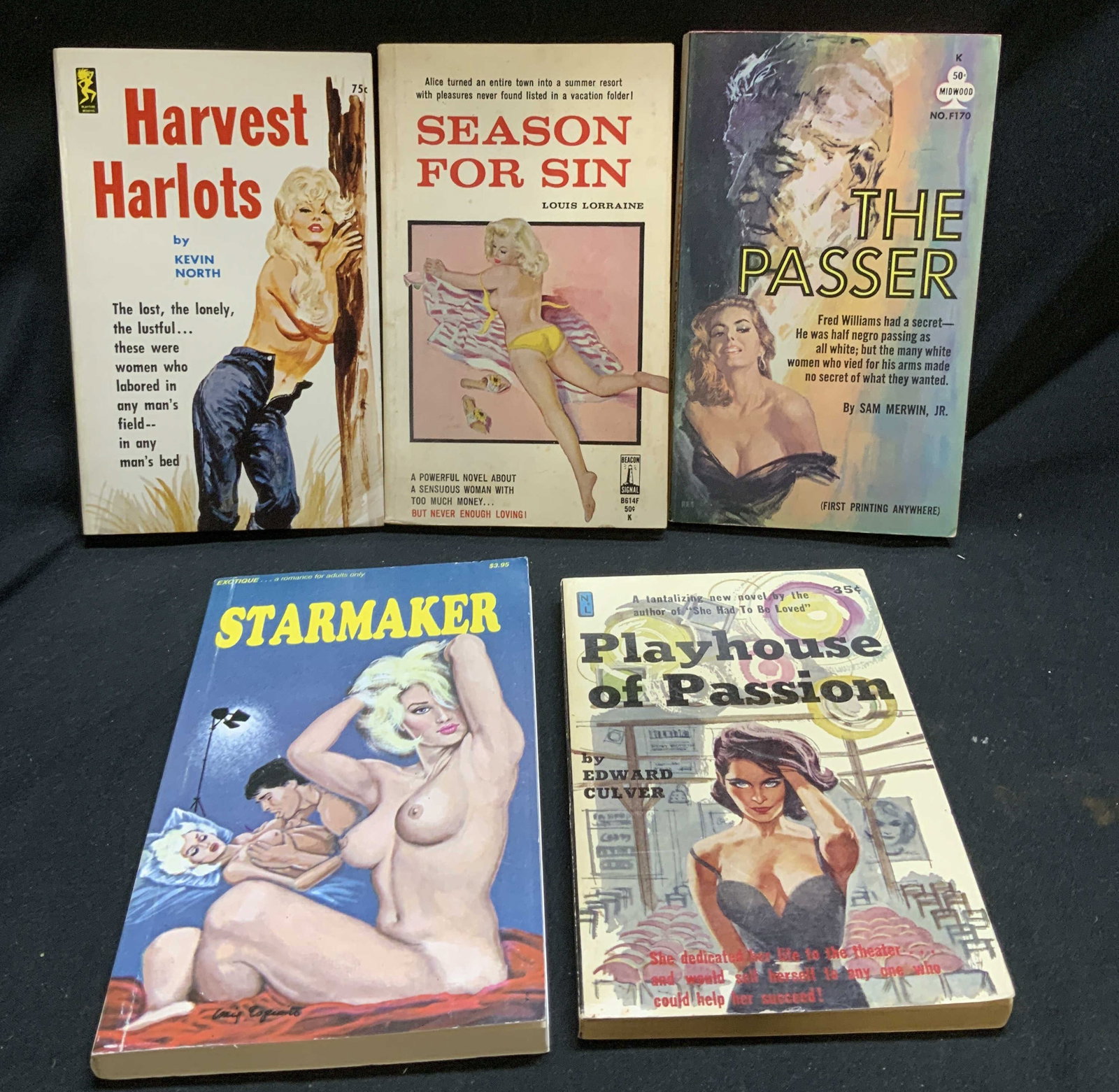 Lot 5 Vntg Pulp Fiction Erotica Books 1960s NORTH+: Lot 5 Vntg Pulp Fiction Erotica Books 1960s NORTH+ Lot includes, Starmaker, The Passer by Sam Merwin, Jr, Playhouse of Passion by Edward Culver, Harvest Harlots by Kevin North & Season for Sin by Loui