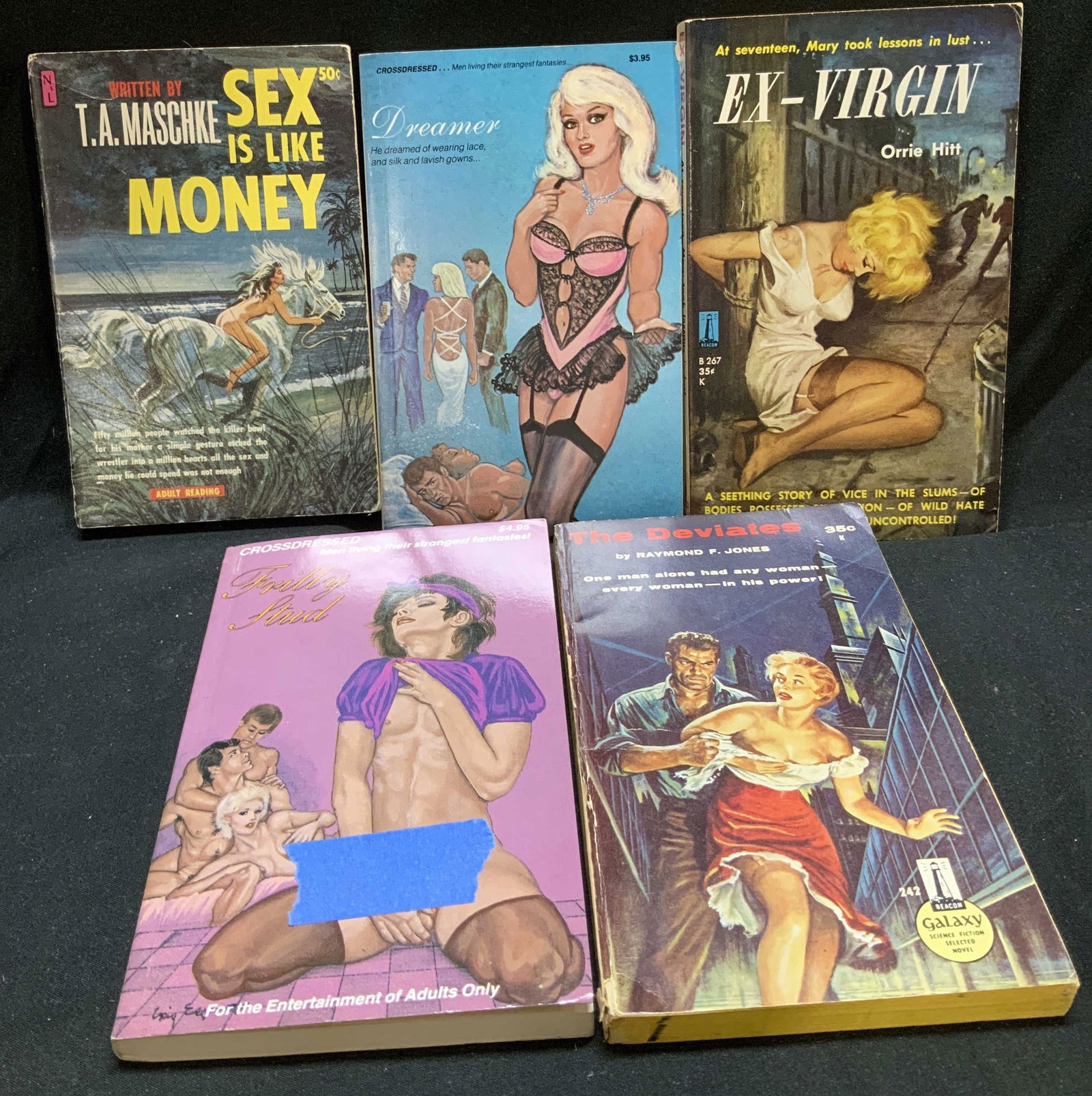 Lot 5 Pulp Fiction Erotica Books 1950-1990s JONES+: Lot 5 Pulp Fiction Erotica Books 1950-1990s JONES+ Lot includes, Frilly Stud, Ex-Virgin by Orrin Hitt, Dreamer, Sex is like Monet by T.A. Maschke & The Deviates by Raymond F, Jones. COPYRIGHT 1956 by