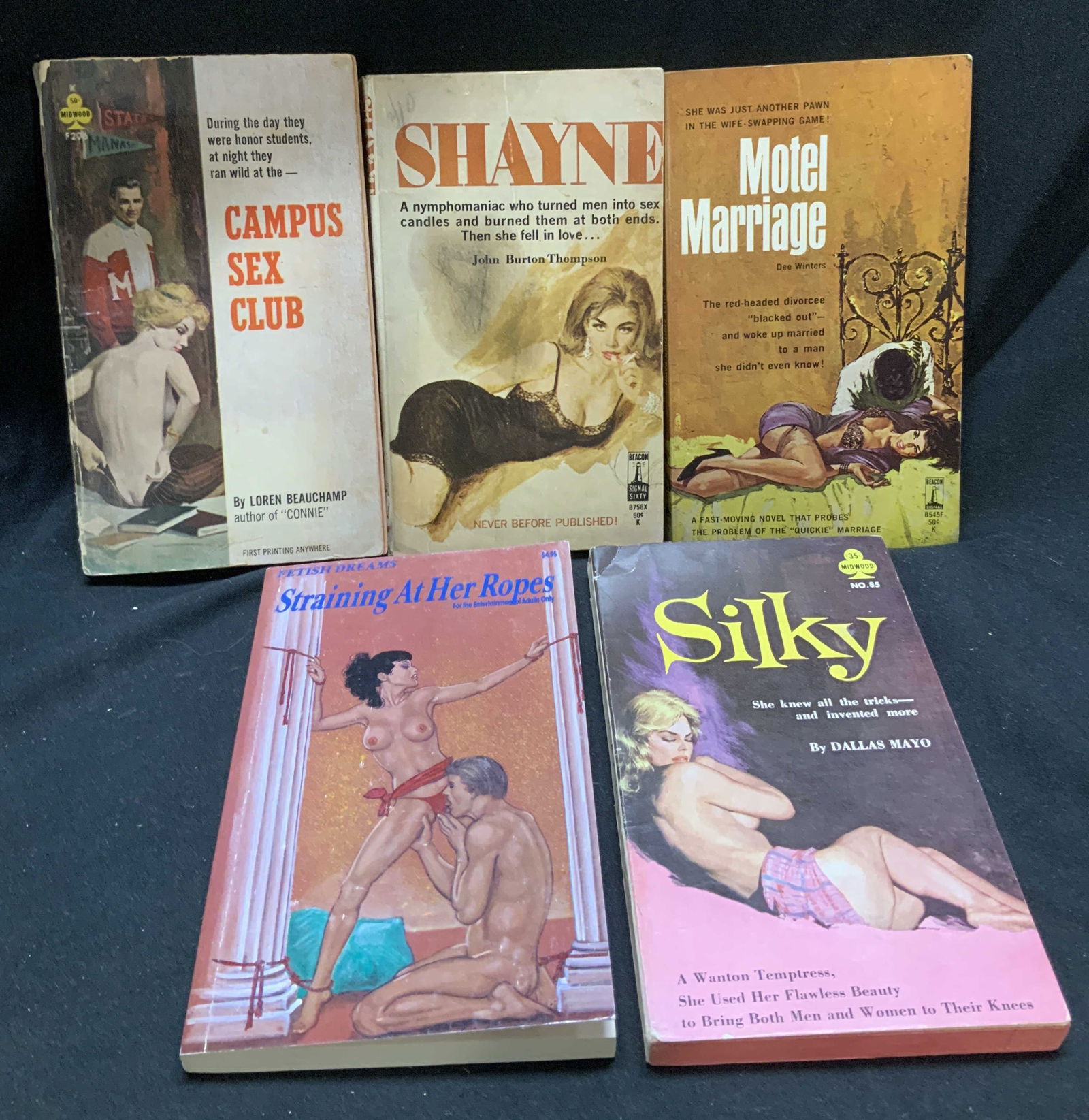 Lot 5 Pulp Fiction Erotica Books 1960-1990s MAYO+: Lot 5 Pulp Fiction Erotica Books 1960-1990s MAYO+ Lot includes, Straining at her Ropes, Silky by Dallas Mayo, Motel Marriage by Dee Winters, Shayne by John Burton Thompson, Campus Sex Club by Loren Be
