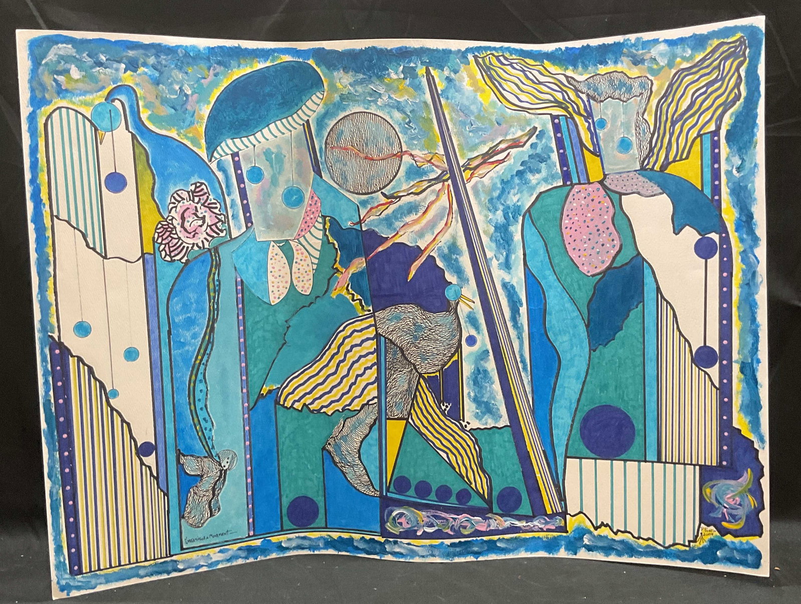 Signed Pierre Fortin Exegesis Moment Painting 2009: Acrylic mixed media painting on paper. Signed and dated at lower right, P. Fortin, 2009. Exegesis of a Moment. Abstract composition with bird and flower in blue and yellow. Paper measures approx 22 x 