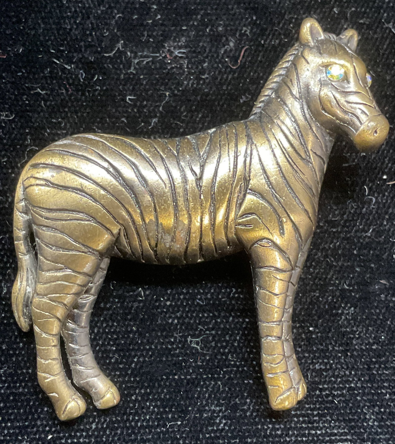 Vintage Gold Tone Crystal Zebra Brooch: Vintage gold tone zebra motif brooch with crystal decoration. Measures approx 1.75 x 1.75 inches. Some scratching observed. Jewelry, estate jewelry, costume jewelry, fashion jewelry, accessories, fash
