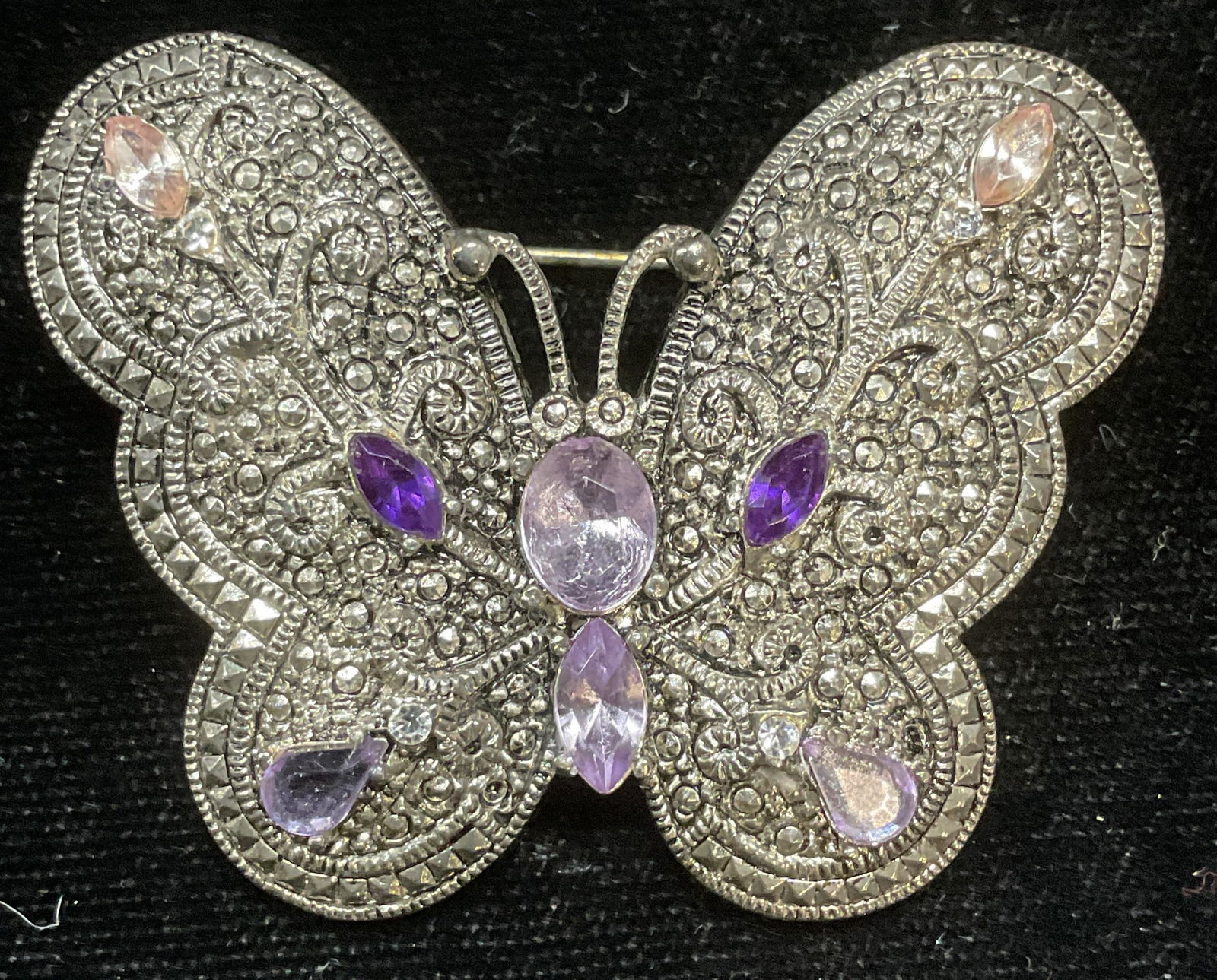 Vtg Silver Tone Butterfly Purple Crystal Brooch (1 of 6)