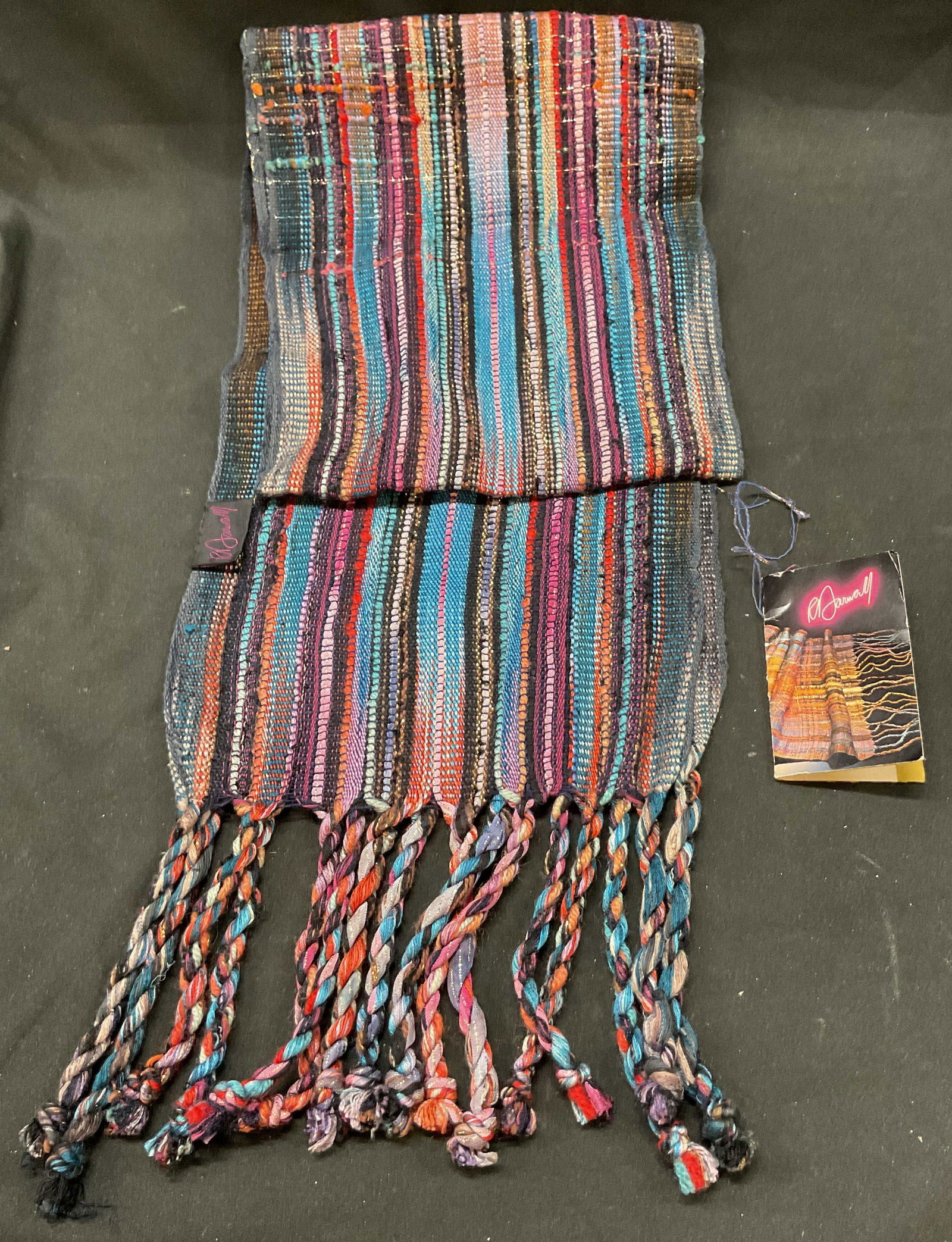 Vtg R. Darwall Colorful Striped Fringed Silk Scarf: Vintage R. Darwall colorful striped fringed silk scarf. Colorful striped design scarf with long fringed braided ends. Synthetic mix materials include silk, mohair, wool, metallic, rayon, cotton, and l