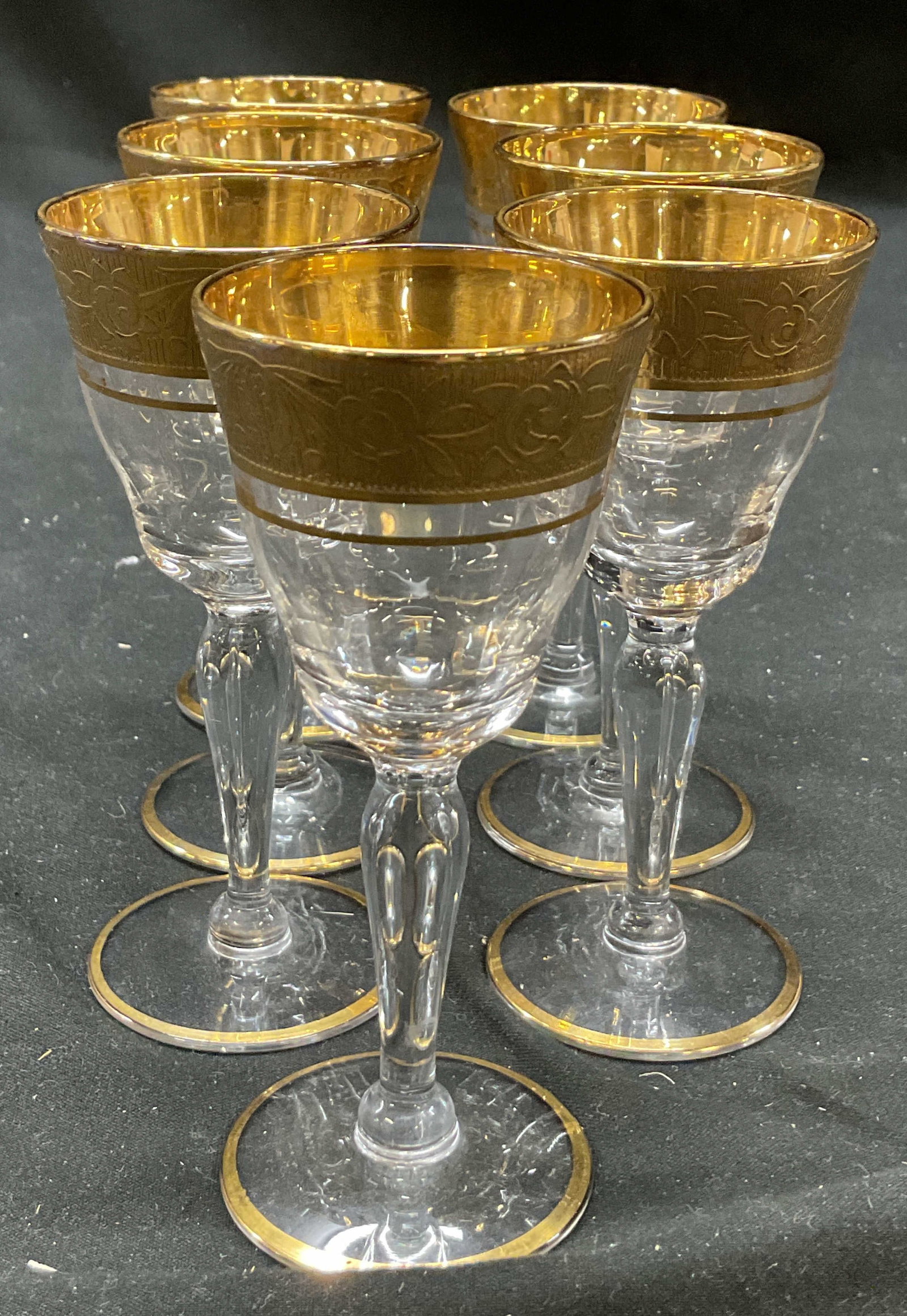 Set 7 Vtg TIFFIN Cordial Stem Gold Rim Glasses: Set 7 vintage 1930-60s TIFFIN cordial stem gold rim glasses. Gold encrusted rambler rose floral design around rim. Paneled clear glass bowl with gold edged base. Rambler Rose Clear (stem 14196) collec