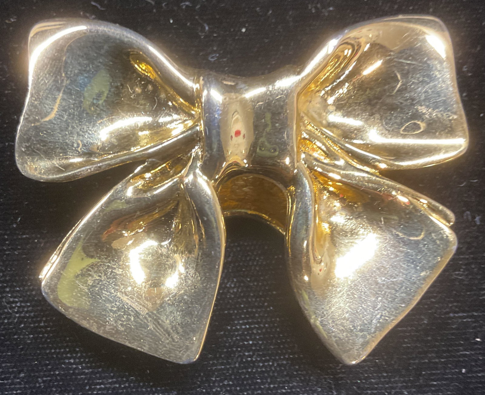 XL Gold Tone Bow Pendant, 2.5 Inch Wide: Statement gold tone bow motif pendant. Measures approx 2.5 x 2 inches. Some wear including scratching. Jewelry, estate jewelry, costume jewelry, cocktail jewelry, fashion jewelry, accessories, fashion