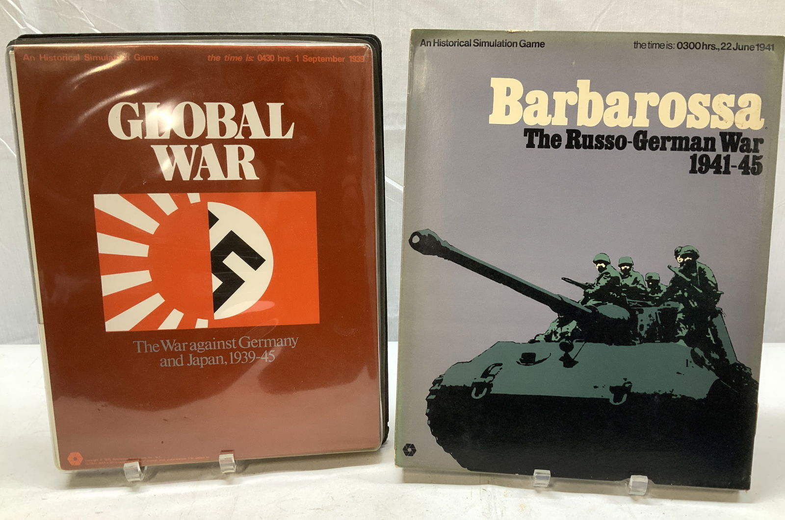 Lot 2 Vntg 1970s War Historical Simulation Games: Lot 2 Vntg 1970s War Historical Simulation Games Lot includes, Global War: The War against Germany & Japan,1939-45 & Barbarossa: The Russo-German War 1941-45. Games were published in the 1970s by Simu