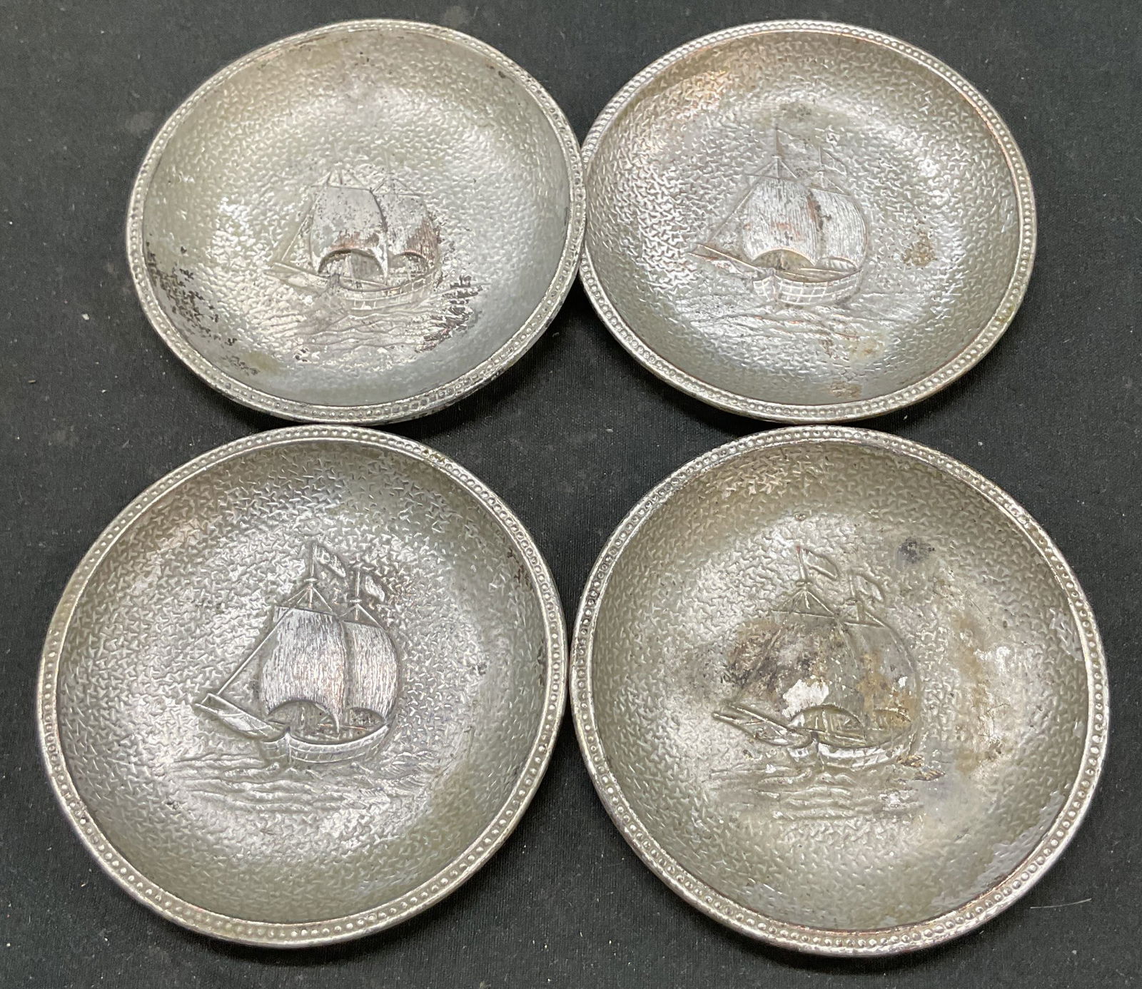 Set 4 Atq Pewter Ship at Sea Small Trinket Dishes (1 of 8)