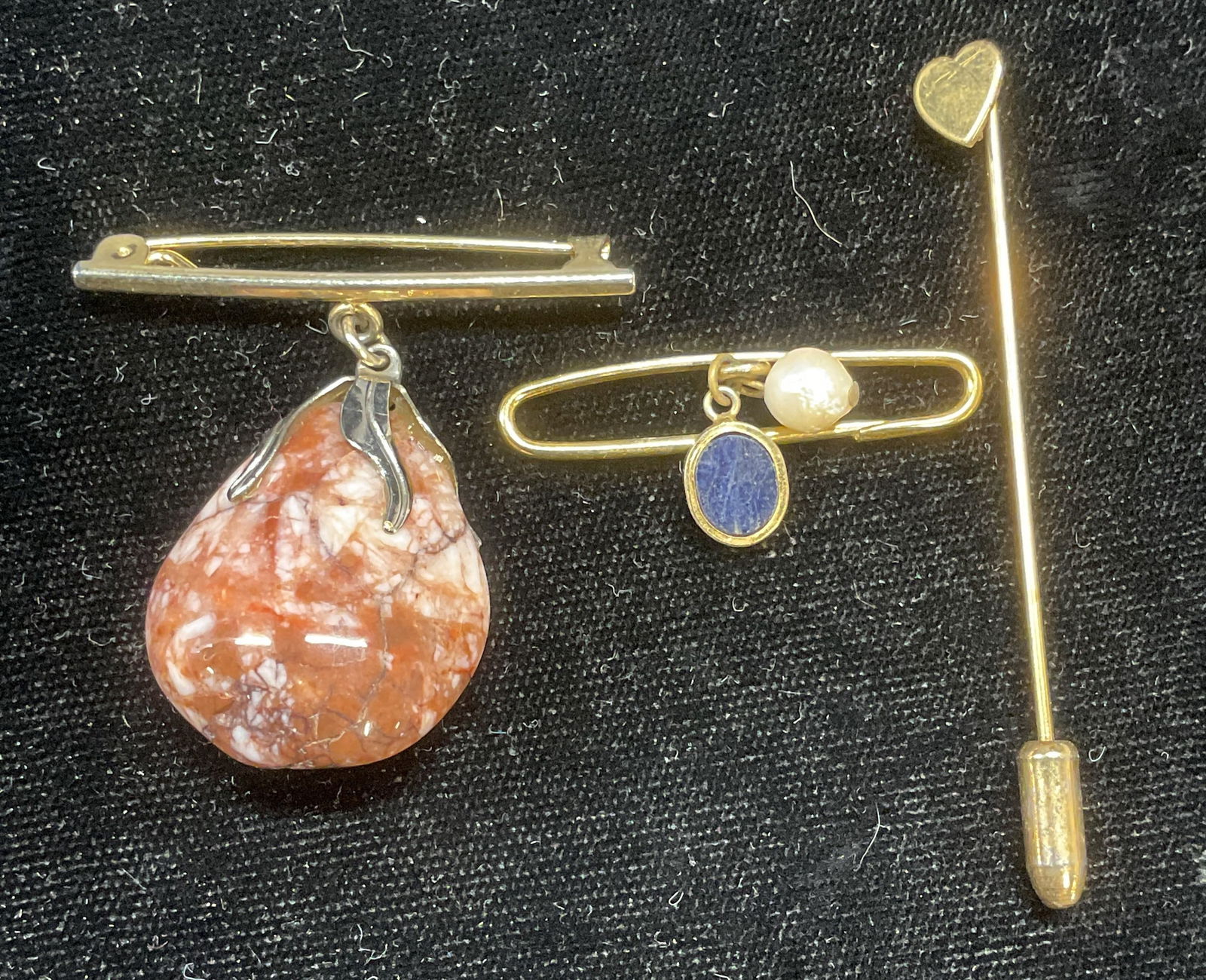 Lot 3 Gold Tone Semiprecious Brooches, Heart Pin (1 of 6)
