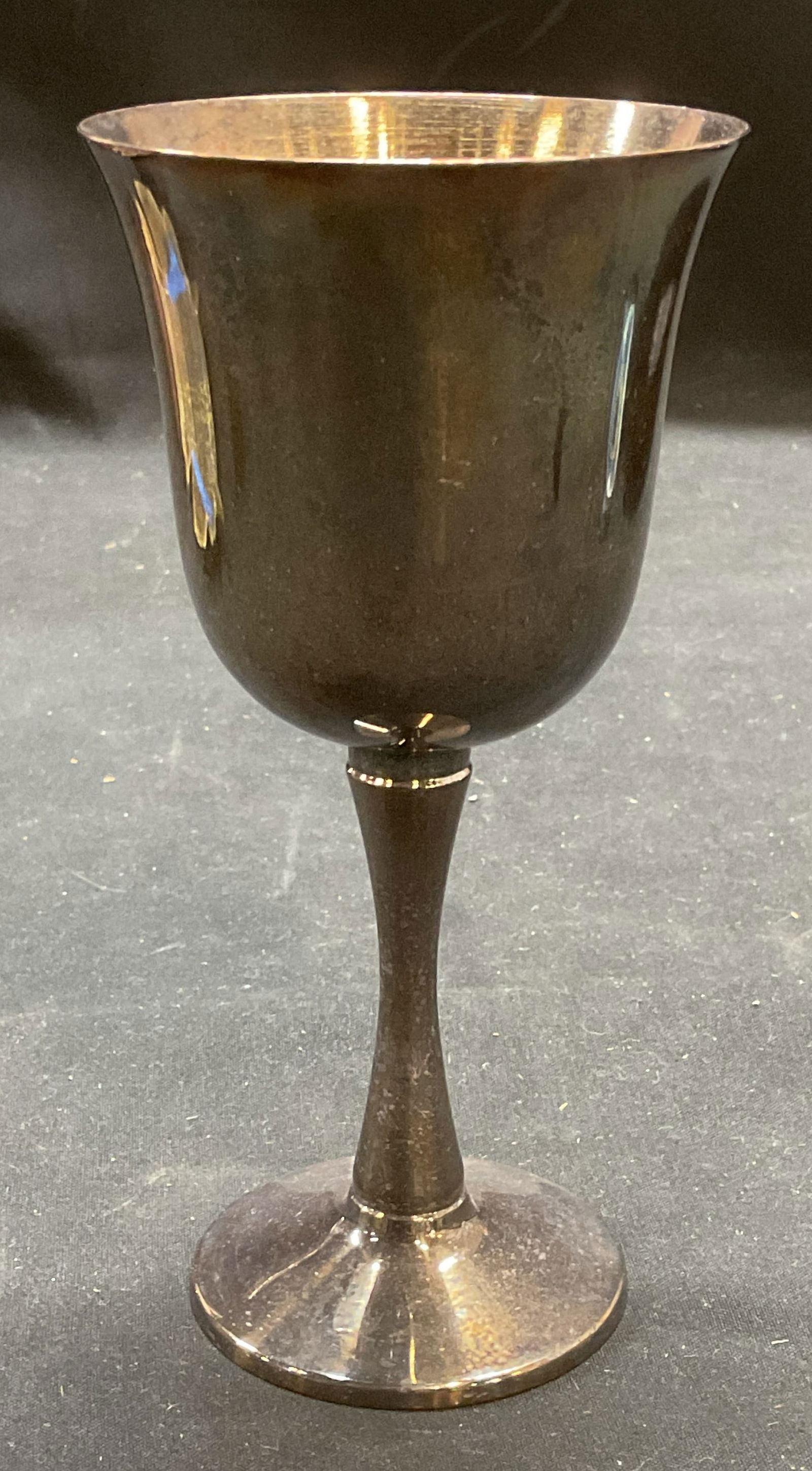 Vintage Salem Silver Plated Wine Glass: Vintage Salem silver plated wine glass. Round base and fluted rim. Signed. Measures approx 2.75 x 5.75 inches. Piece has weight. Some scratching and patina. Salem wine glass, silver plated wine glass,