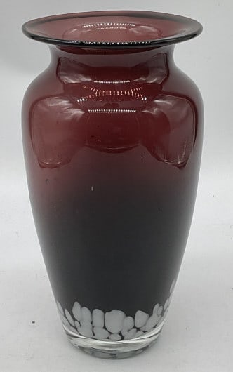 Hand Blown Cased Amethyst Art Glass Vase: Hand blown cased art glass vase. Amethyst glass with white dot design. Fluted rim. Measures approx 4 x 7.75 inches. Piece has weight. Some scratching. Art glass vase, amethyst glass vase, cased glass 