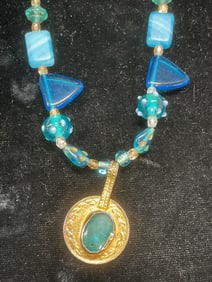 Vtg Blue Art Glass Beaded Pendant Necklace