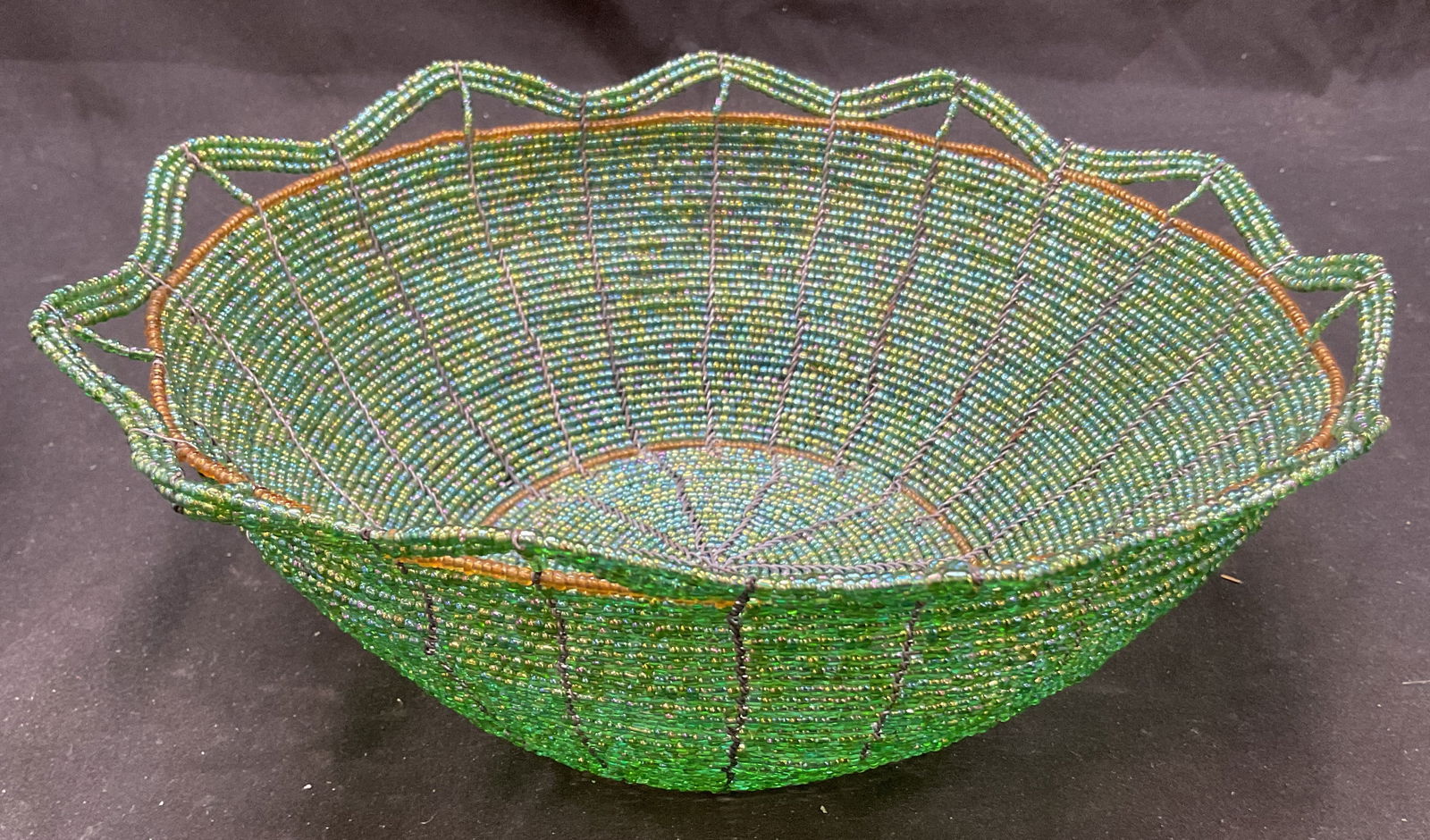 Vtg Maasai Green Beaded Wire Basket Bowl Kenya (1 of 11)