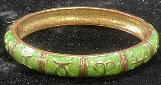 Vtg JTF Enamel Green Zodiac Bangle Bracelet