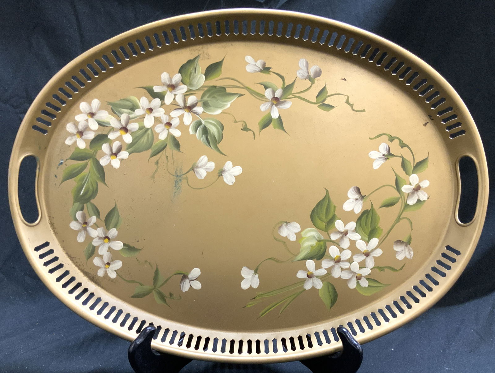 PILGRIM ART Hand Painted Floral &Gilt Toleware Tray (1 of 7)