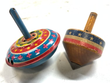 Lot 2 American Folk Art Metal & Wood Tops