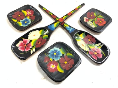 Set 8 Russian Khokhloma Vtg Wood Serv Spns & Dshs