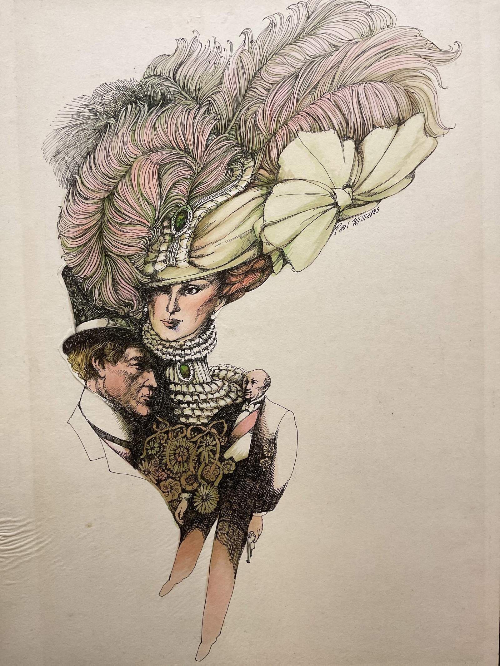 Sgn Paul Williams Victorian Figures Illustration: Illustration on paper mounted on board. Signed at upper right, Paul Williams. Three figures in Victorian costume. Woman with decorative feather hat, man with top hat, man holding gun. Board measures a