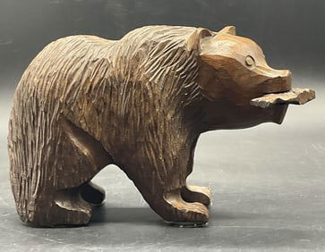 Vintage Carved Wood Bear Catching Fish Figural