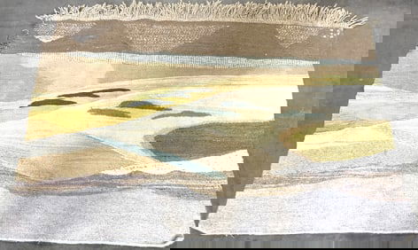 Vntg Wool Hand Tufted Abstract Rug W Fringes