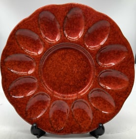 Vntg Amber Red Ceramic Deviled Egg Plate ITALY