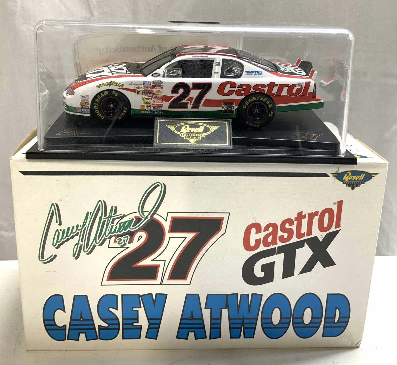 NASCAR 2000 Atwood #27 1:24 Die-Cast Metal Car BOX: NASCAR 2000 Atwood #27 1:24 Die-Cast Metal Car BOX 1:24 die-cast metal replica of 2000 Casey Atwood #27 Castrol New Stars Winners Circle NACAR car. Car comes with original box, certificate of authenti