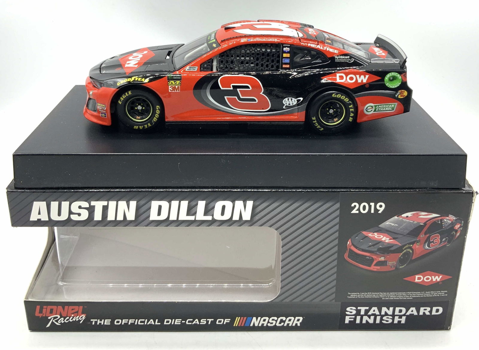 NASCAR 2019 Dillon #3 1:24 Die-Cast Metal Car BOX: NASCAR 2019 Dillon #3 1:24 Die-Cast Metal Car BOX 1:24 die-cast replica of Austin Dillon #3 metal car. Car features sponsorships of DOW, 3M, MONSTER, NASCAR, COCA-COLA & more. Car is mounted onto a bl
