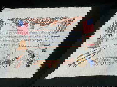 Vtg Linen Handmade Patriotic Cross Stitch Sampler